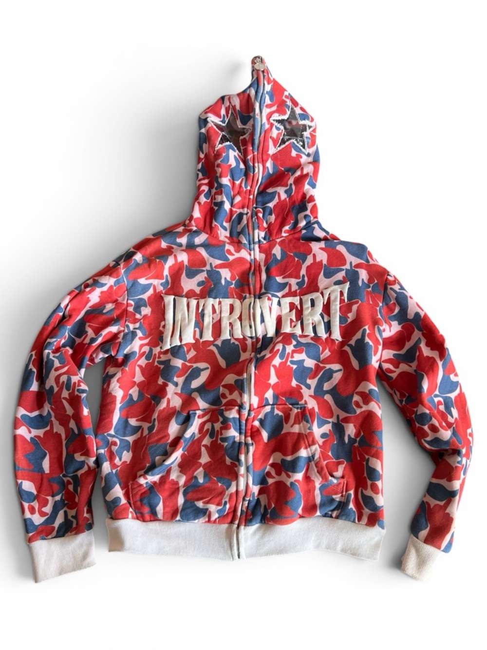 Introvert Studios Red White Blue Camo Zip Hoodie Star Eyes Graphic S Gently Worn